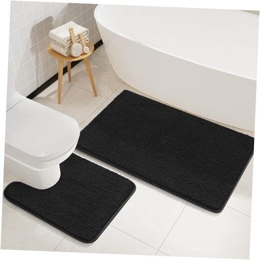 Soft Non-Slip Bathroom Rug Set 2-Piece 34x21 and 20x20 Black