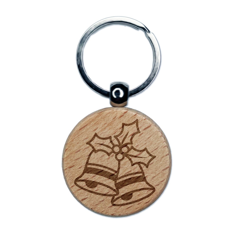 Festive Christmas Bells Wooden Round Keychain Charm with Engraving