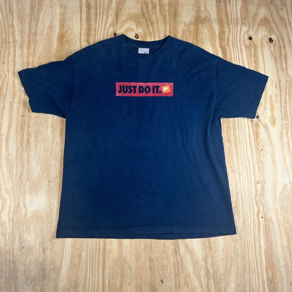 VTG Rare Nike Just Do It Sports Fan Apparel Graphic Printed Tee Men's L Blue Y2K