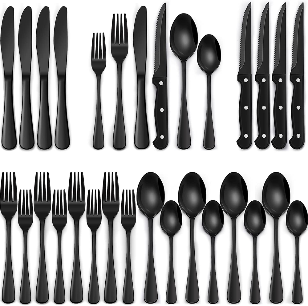 24-Piece Black Stainless Steel Flatware Set with Steak Knives for 4
