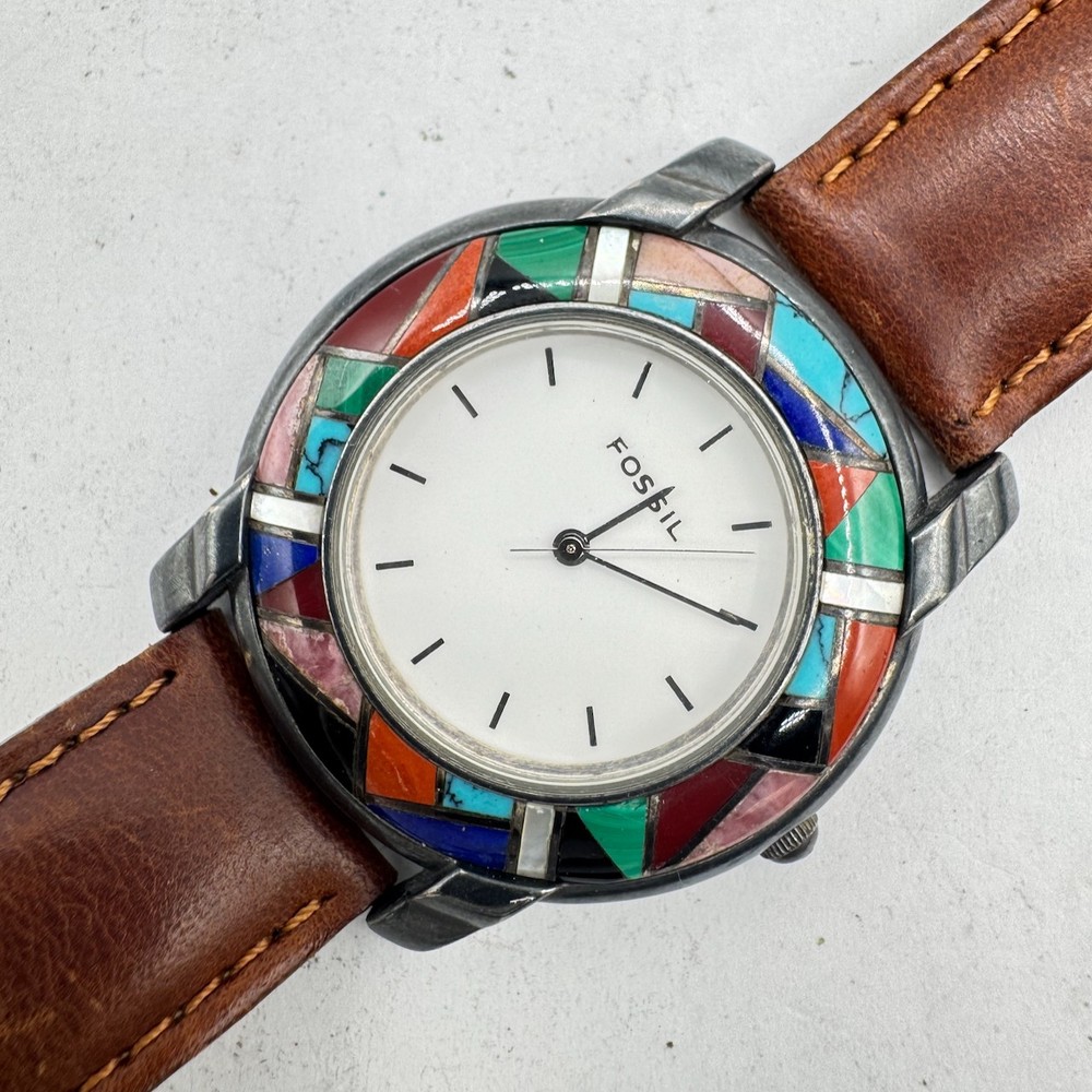 Vintage Fossil ET-7810 Mosaic Mens Quartz Watch Japan Chrome