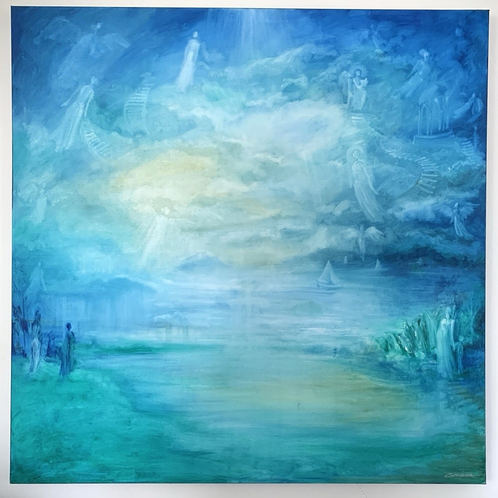 Large Oil Painting Canvas “Higher Realm” 48x48” Spiritual Surreal Angelic Art