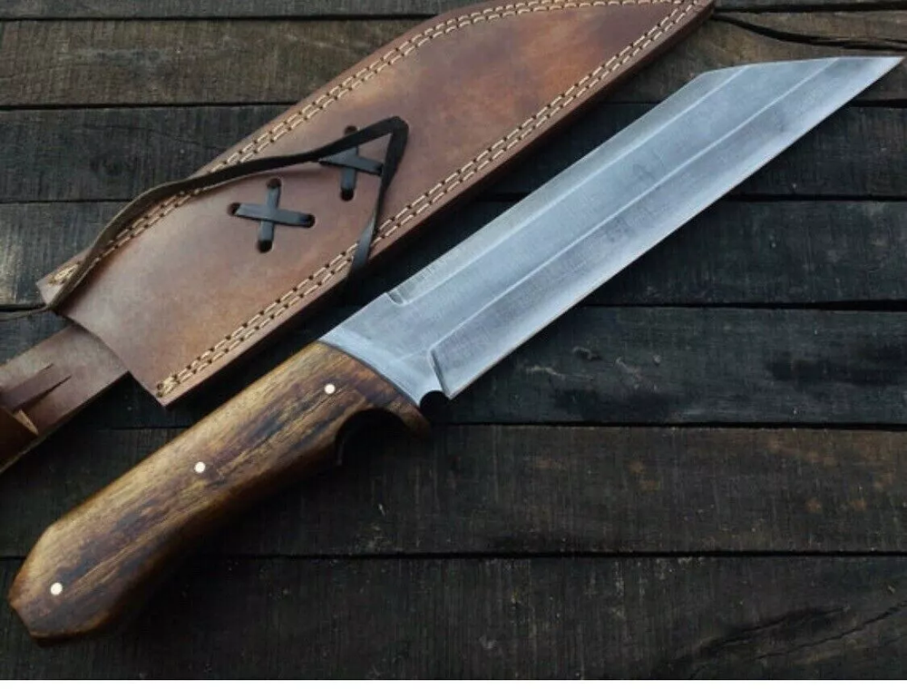 CUSTOM HANDMADE CARBON STEEL BOWIE HUNTING KNIFE SEAX WOOD HANDLE WITH SHEATH