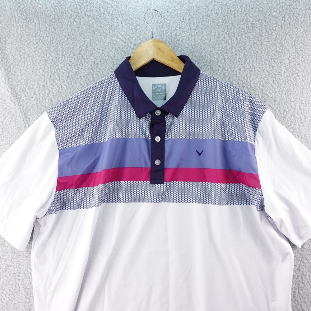 Callaway Opti-Dri Men's XL Golf Polo Shirt White Blue Pink Athletic Top Stretch