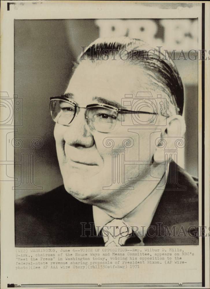 1971 Press Photo Rep. Wilbur Mills appears on NBC TV show in Washington
