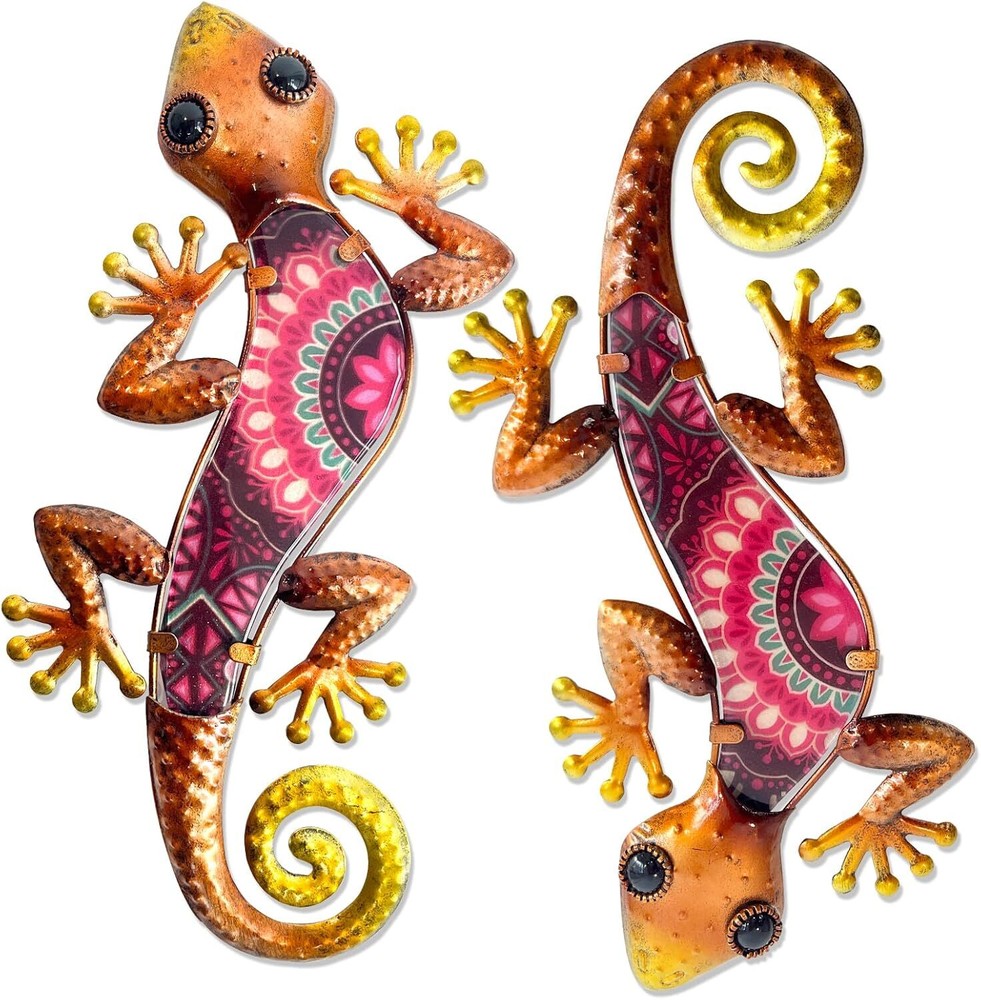 2 Pcs Metal Gecko Wall Art Sculpture for Outdoor Garden Décor - Red