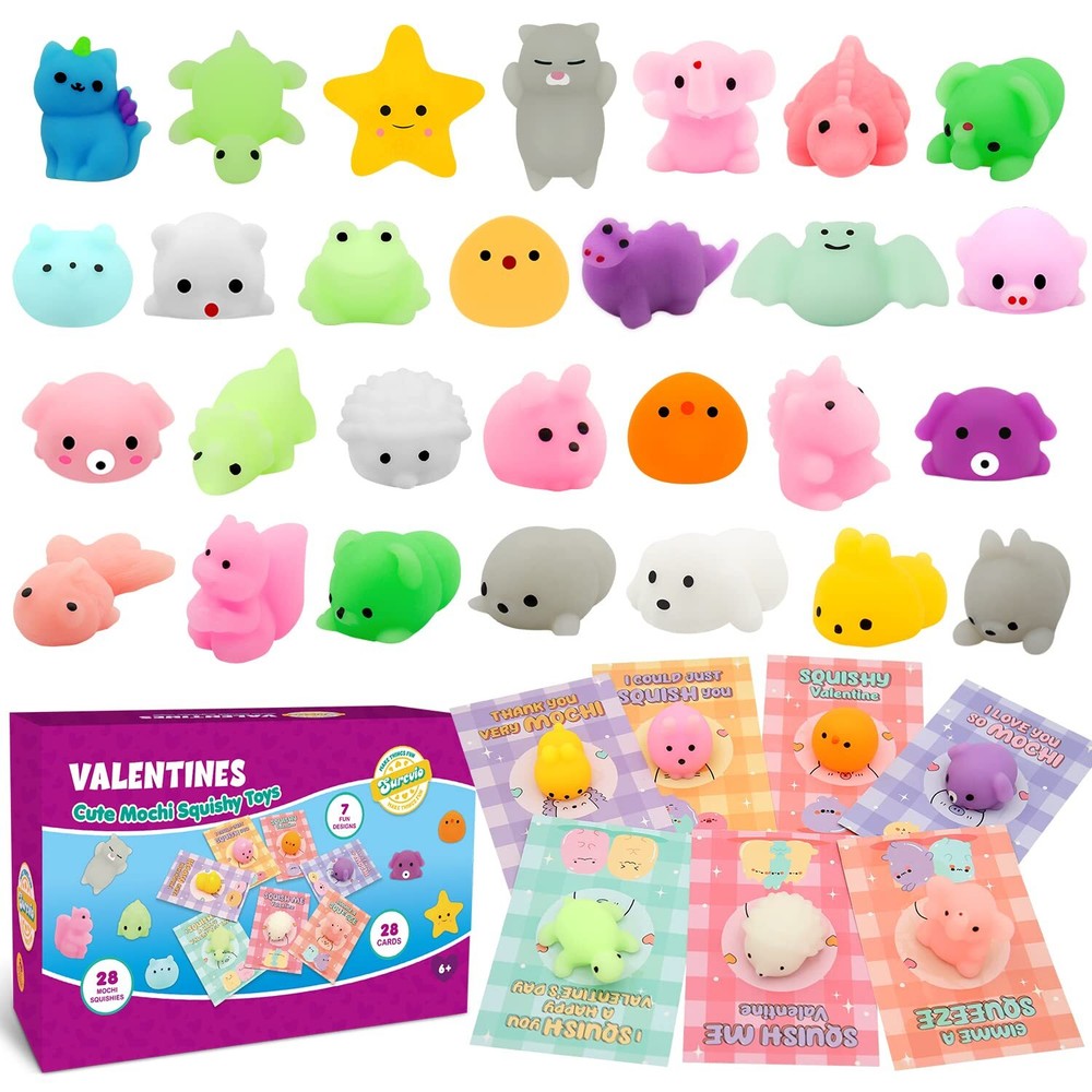 28 Pack Valentines Day Gifts for Kids, Mochi Squishies Party Favor Set with V...