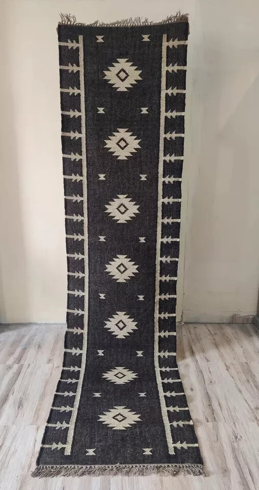 Vintage Aztec Kilim Runner Rug Wool Jute Southwestern Stair Carpet