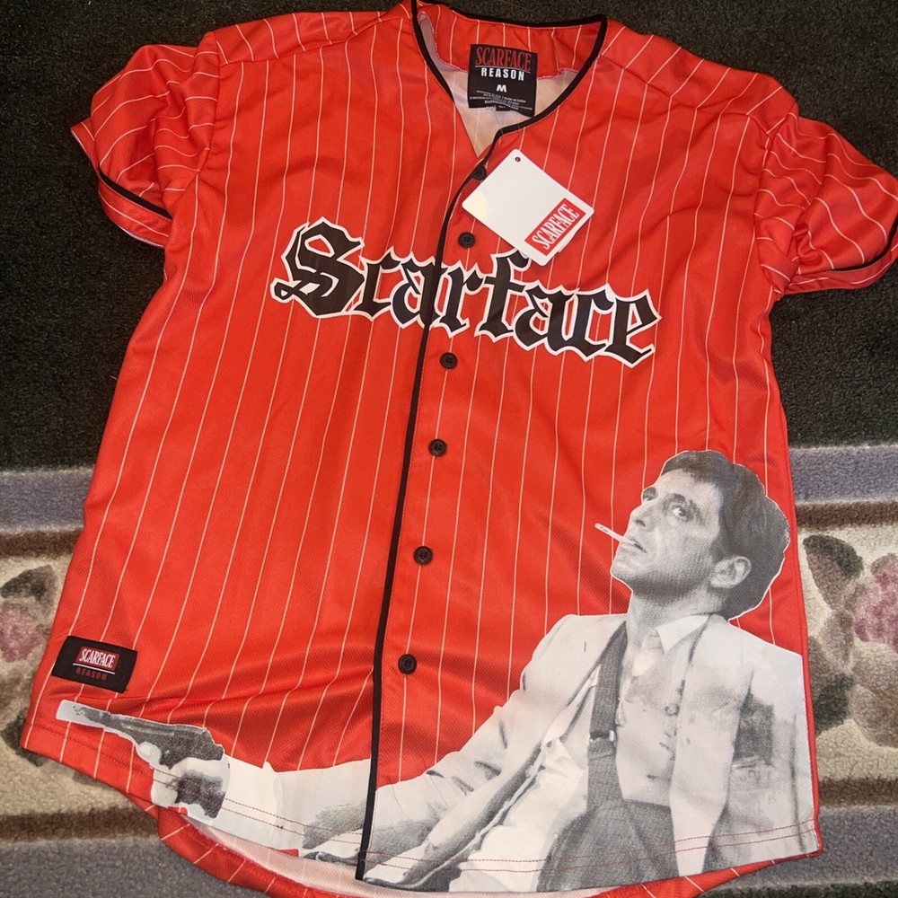 NWT Scarface Tony Montana Red Baseball Jersey Men's Size M by Reason Brand X