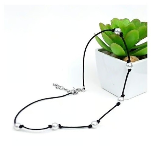 Faux Pearl Black Cord Choker Necklace - Handmade Elegant Statement Piece