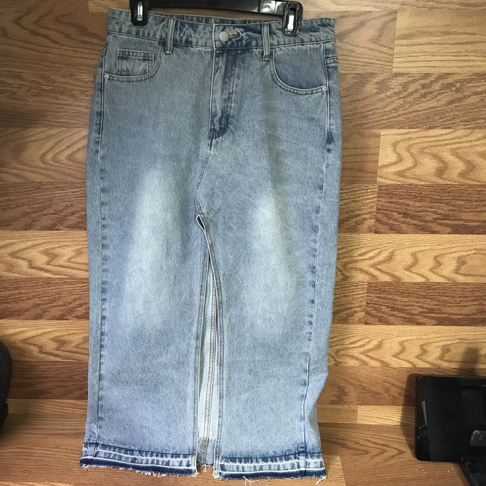 Vintage Mid Rise Long Denim Skirt Size L Retro High Waist Blue Jeans Skirt