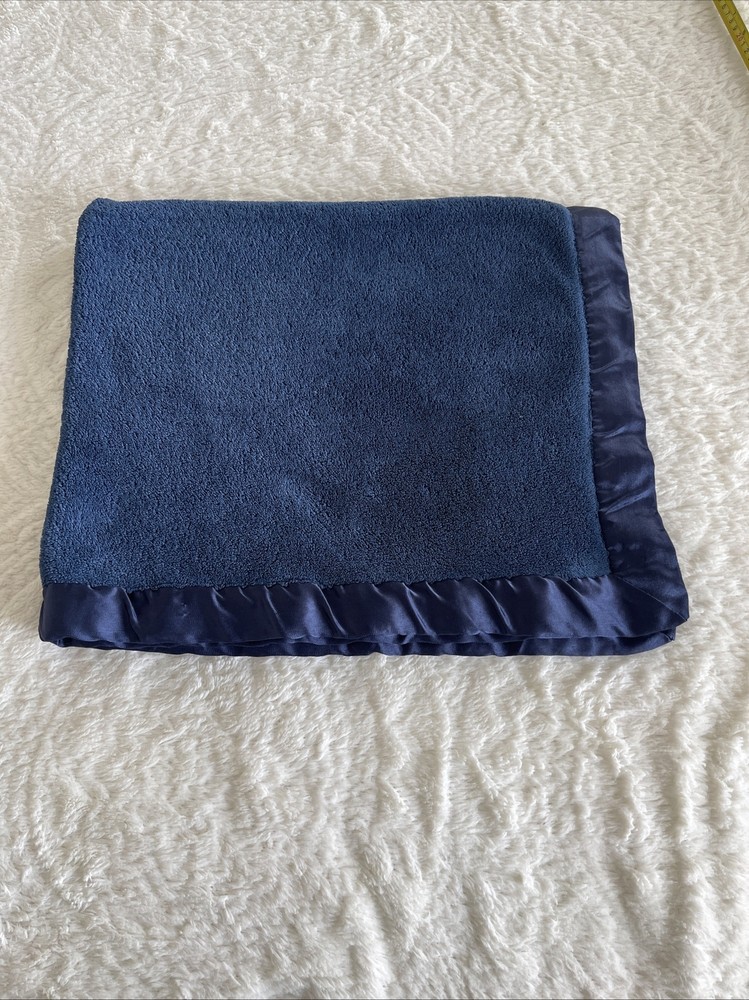 Satin Trim Navy Blue Terry Knit Baby Blanket Lovey 36x30 Faded Tag