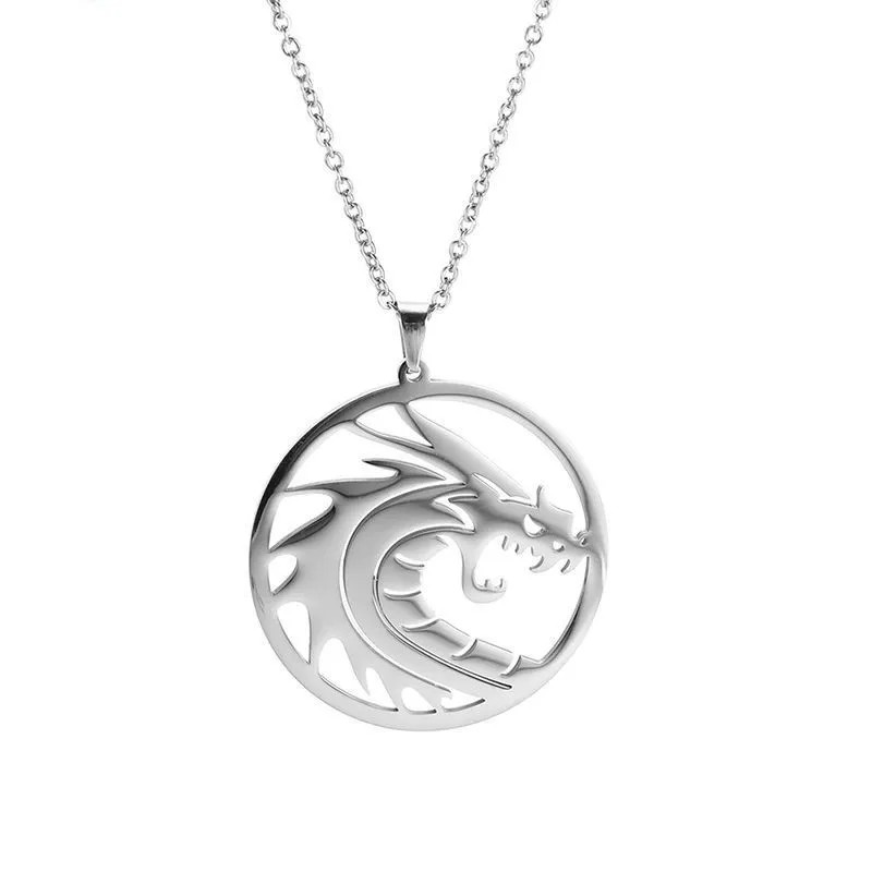 Silver Dragon Pendant Necklace – 52cm Chain, Circular Design