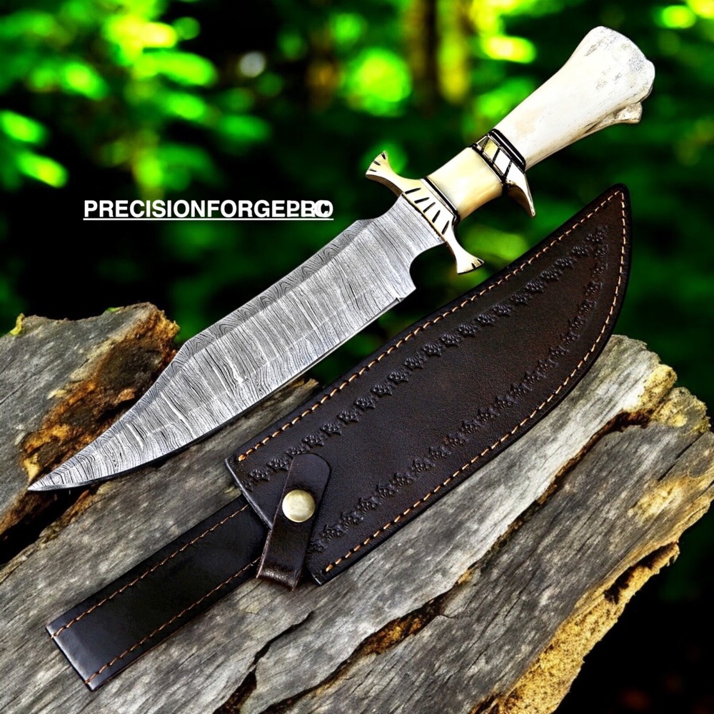 Handmade Damascus steel survival hunting bowie knife with fine leather sheath