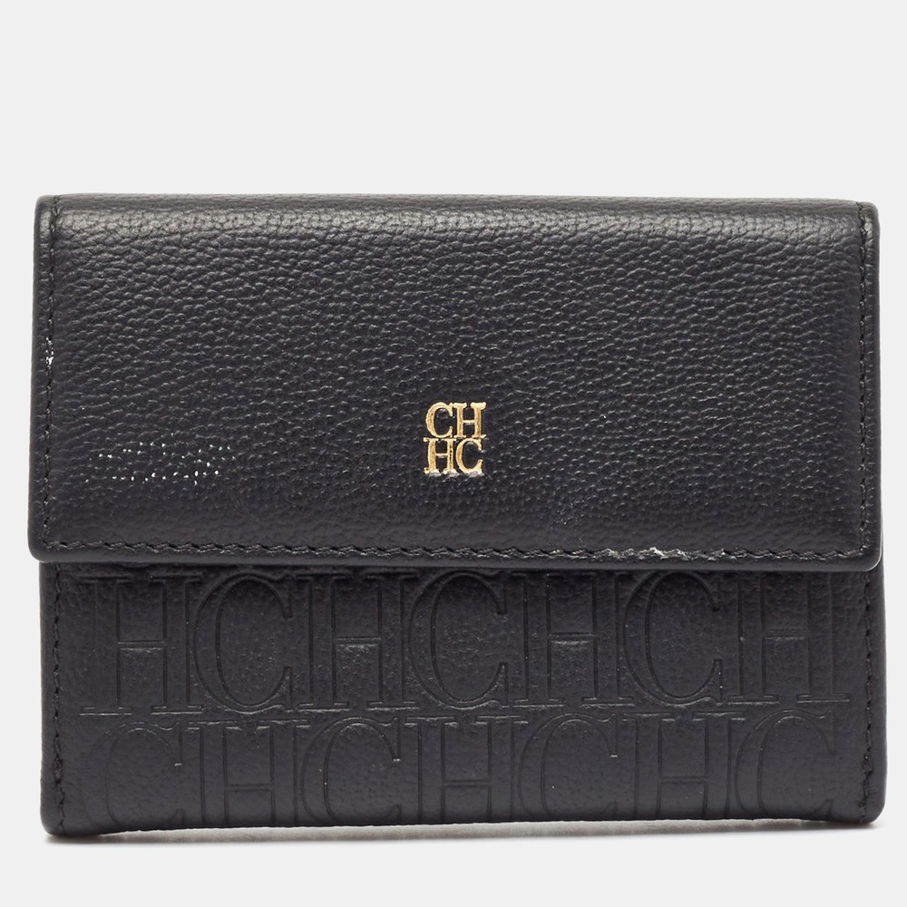 CH Carolina Herrera Black Monogram Leather Card Wallet  