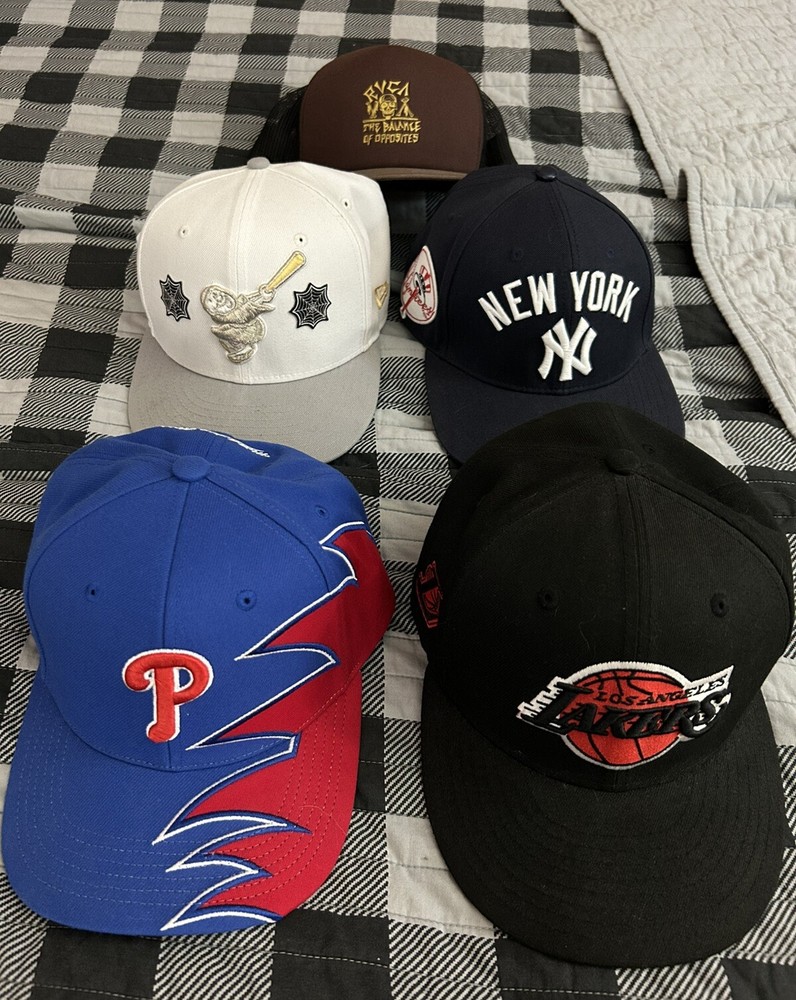 Mens New Era Phillies, Padres, Yankees, Lakers Hats Lot Of 4 Fitted & Adjustable