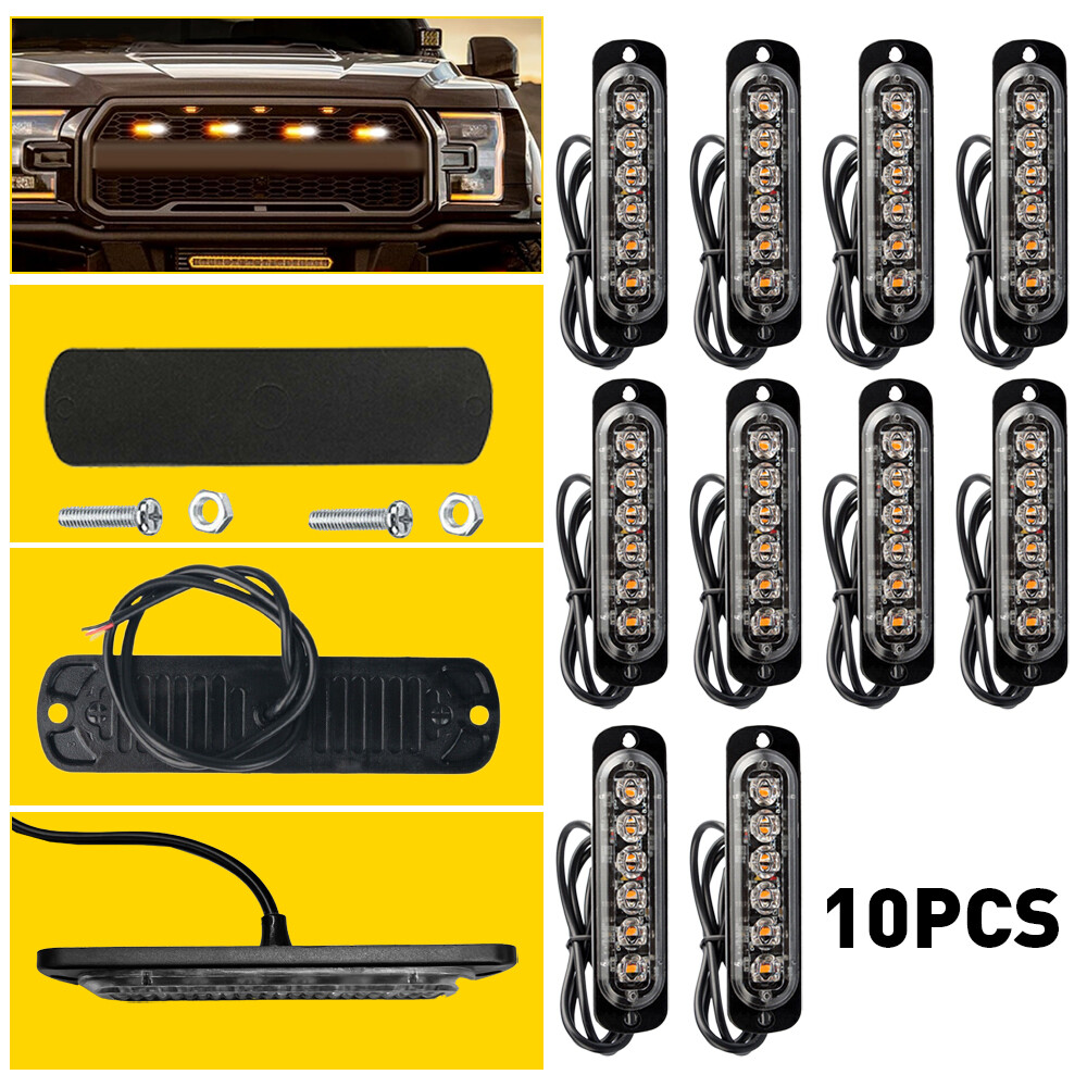 10pcs 6 LED Amber Grill Side Marker Strobe Light Bar Kit Tow Truck Flashing Lamp