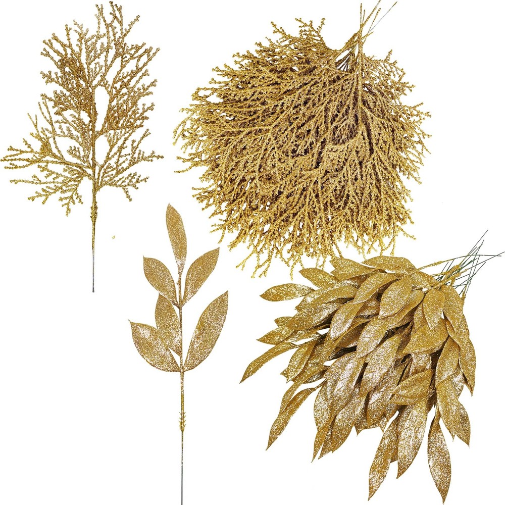 Winlyn 30 Pcs Christmas Artificial Leaf Sprays Cedar Picks Gold Glittered Tree