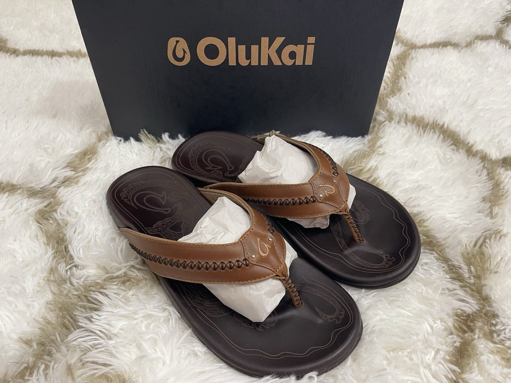 OluKai Men's Mea Ola Leather Sandals Size 10 Tan Dark Java New in Box