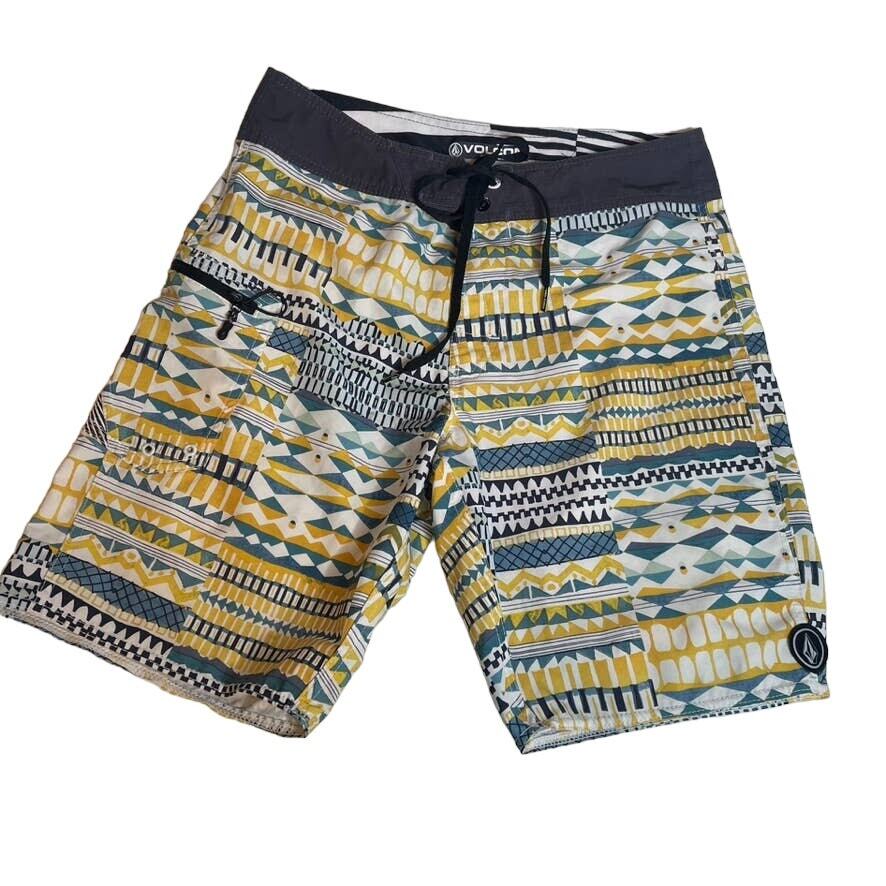 VOLCOM 29 Blue Yellow Boardshort Swim Trunks Zip Pocket Drawstring Black