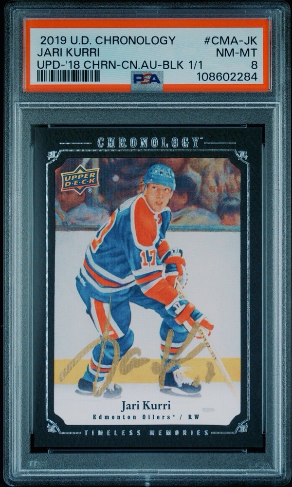 2018-19 UD Chronology Jari Kurri Canvas Masterpiece Auto BLK 1/1 #CMA-JK PSA 8‼️