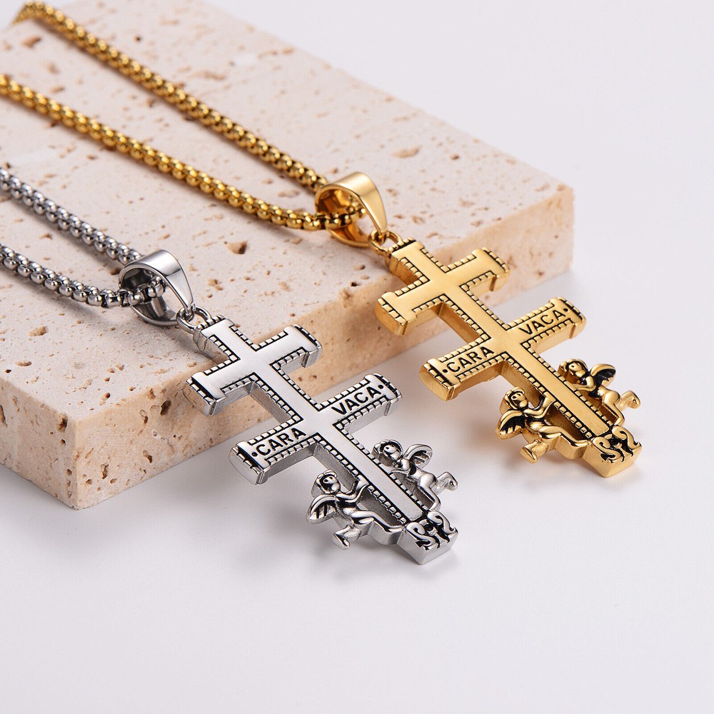 Religious Stainless Steel Cruz De Caravaca Double Cross Angels Pendant Necklace