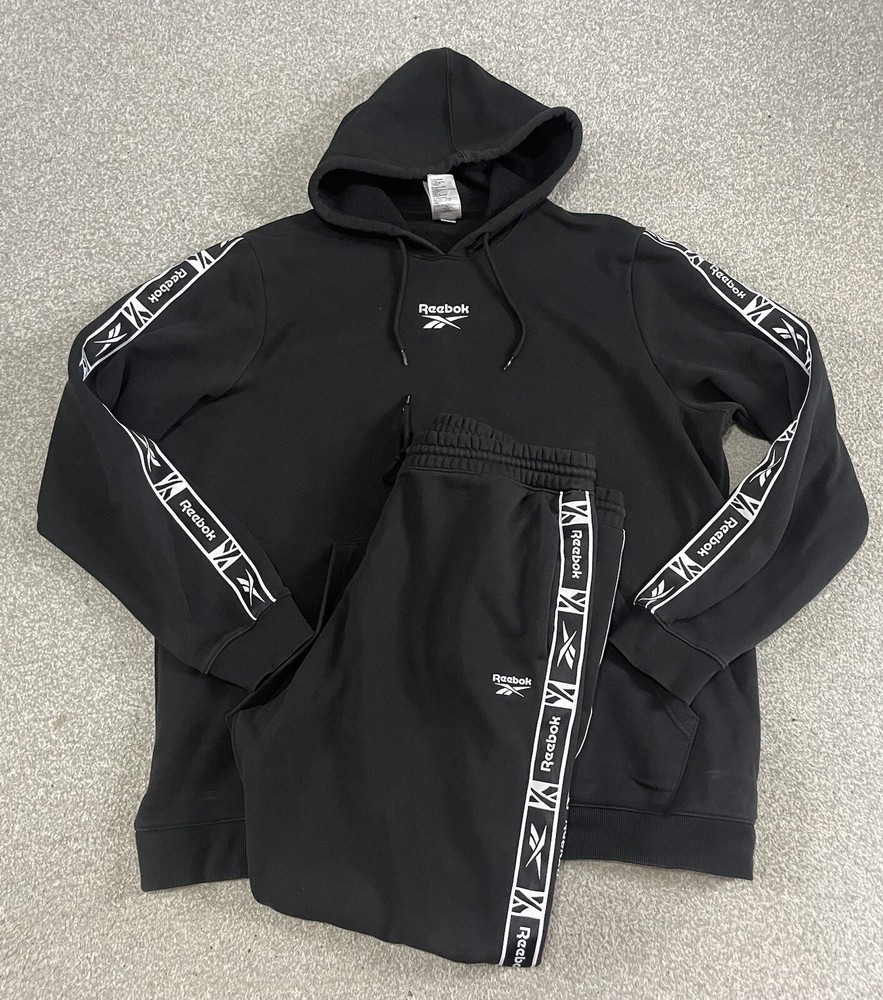 Reebok Full Tracksuit Hoodie 2xl Bottoms XL Black Pullover Taped Logo On Arms