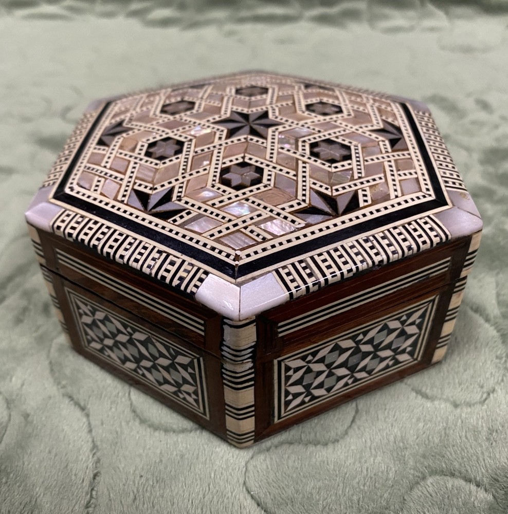 Vintage Egyptian Wood Mother Pearl Inlay Hexagon Trinket Box with Red Velvet Lining