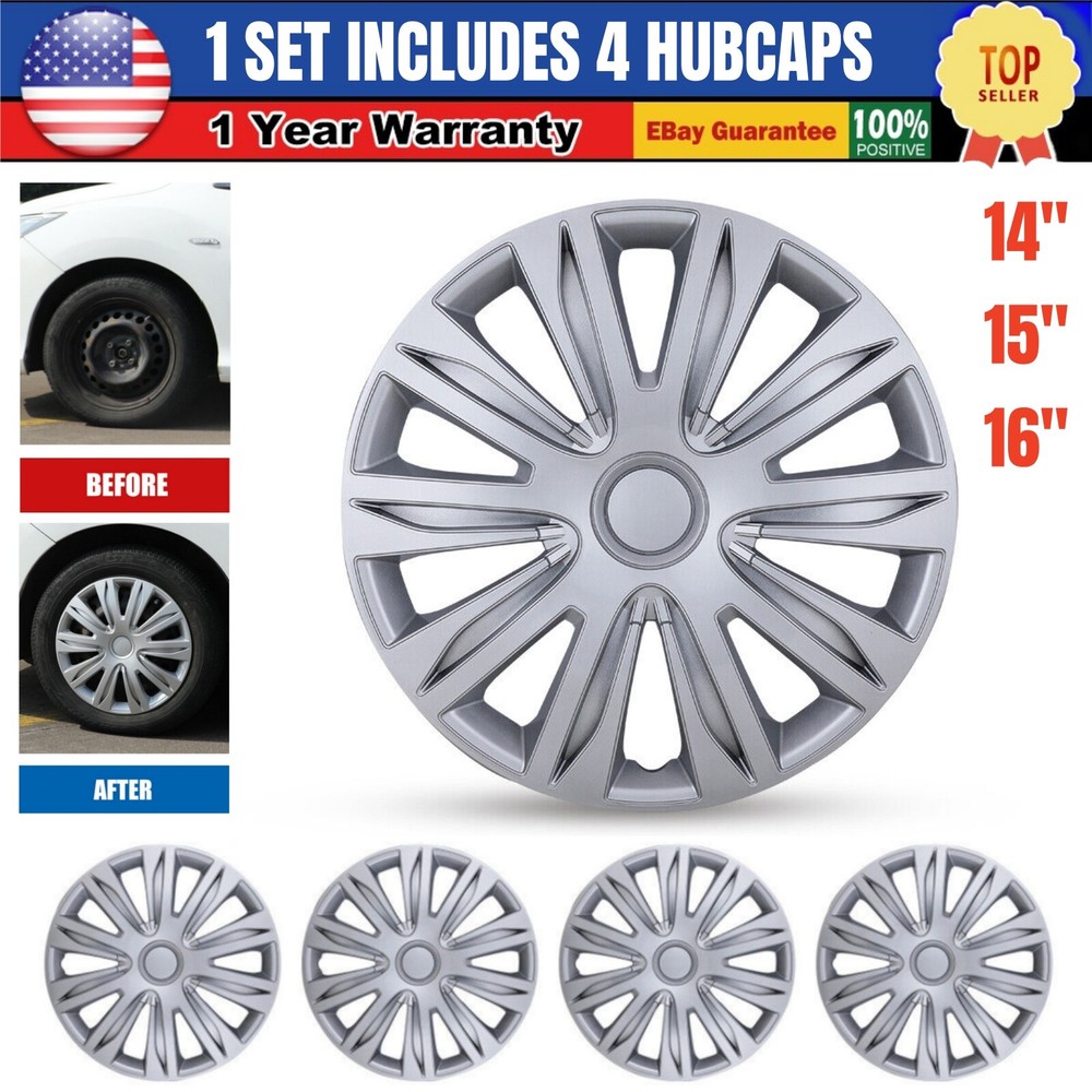 4PCS 14 15 16 Inch Silver Snap On Wheel Covers Full Hub Caps for Tires Steel Rims
