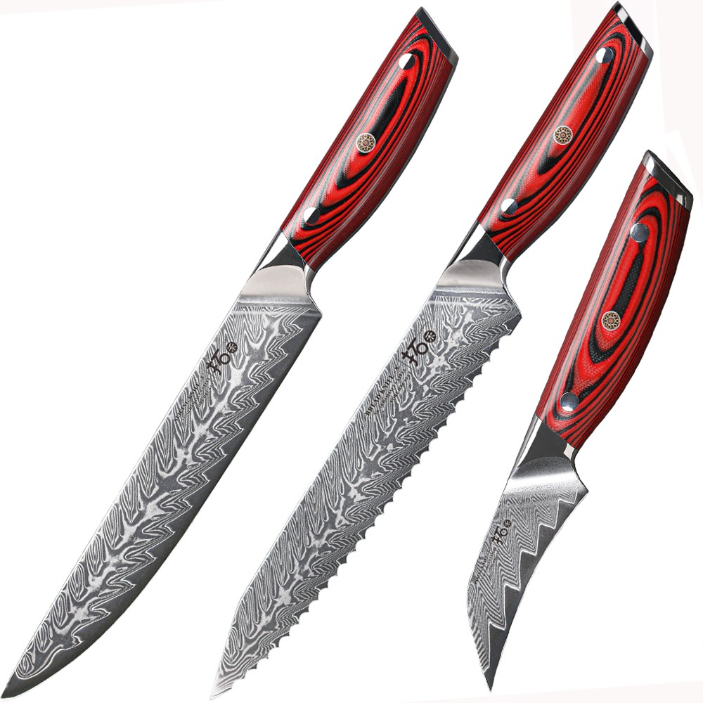 3Pcs TURWHO Kitchen Slicing Knife Japanese VG10 Damascus Steel Bread Knife Set