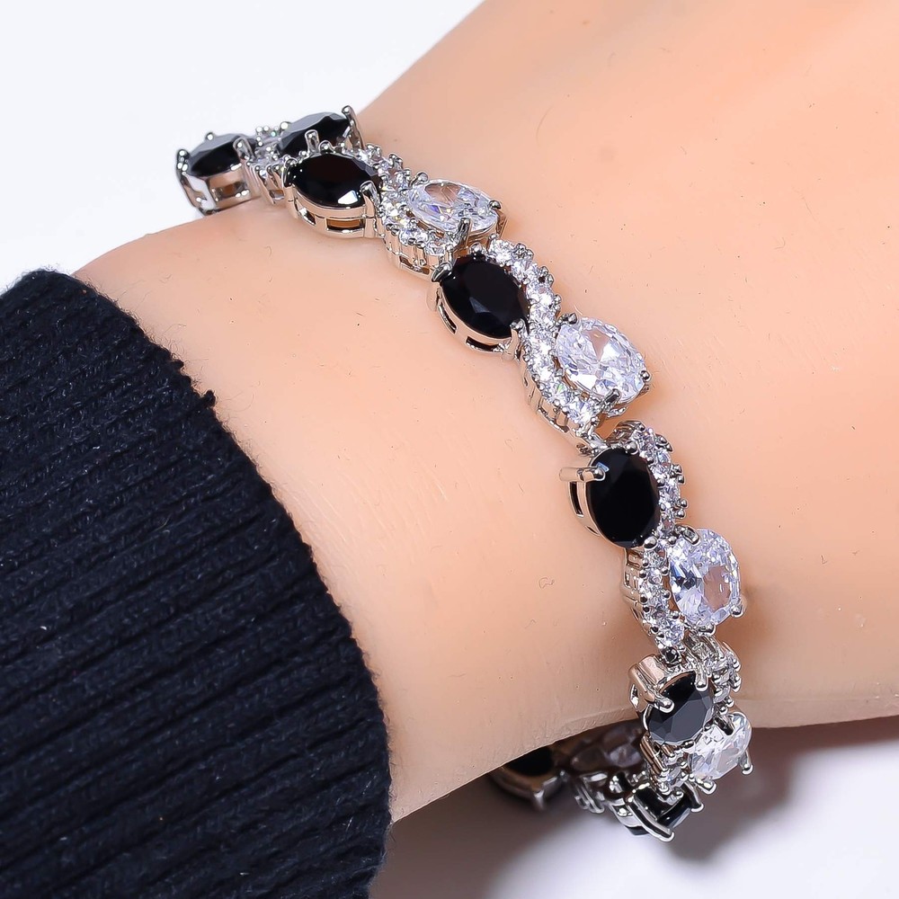 Black Onyx & Cubic Zirconia 925 Sterling Silver Tennis Bracelet 7.99
