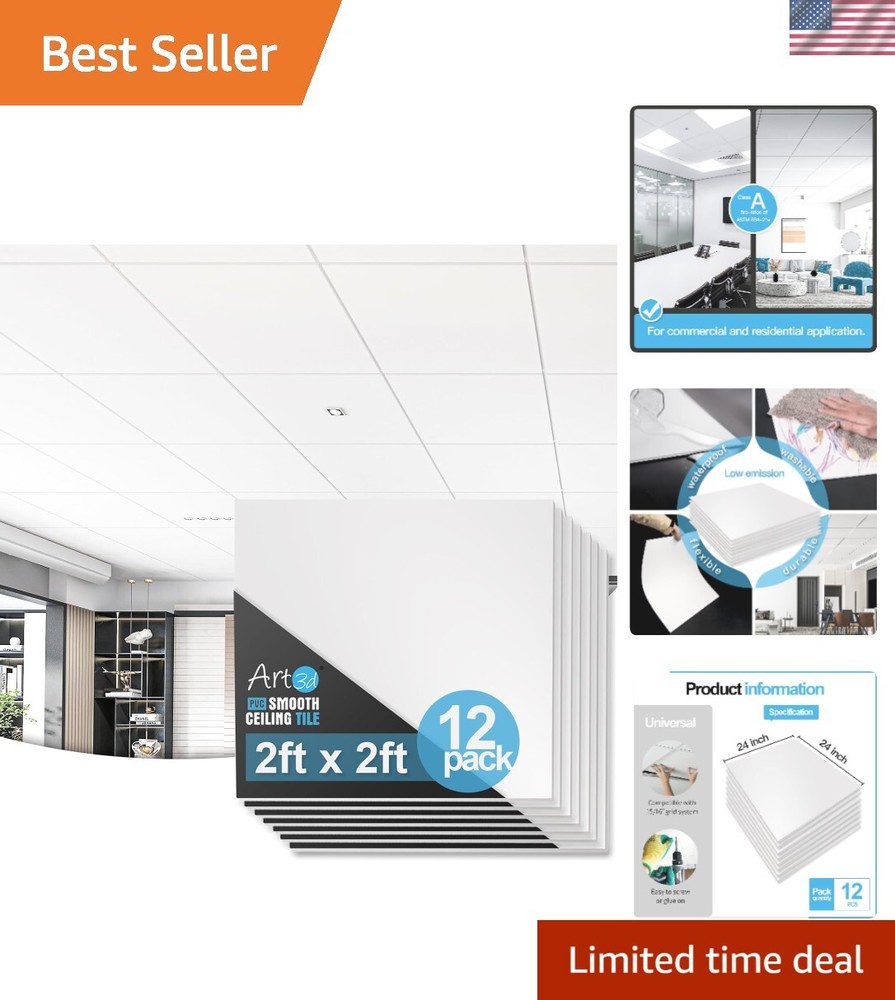 Fire-Rated Waterproof 12-Pack Smooth Drop Ceiling Tiles 2x2