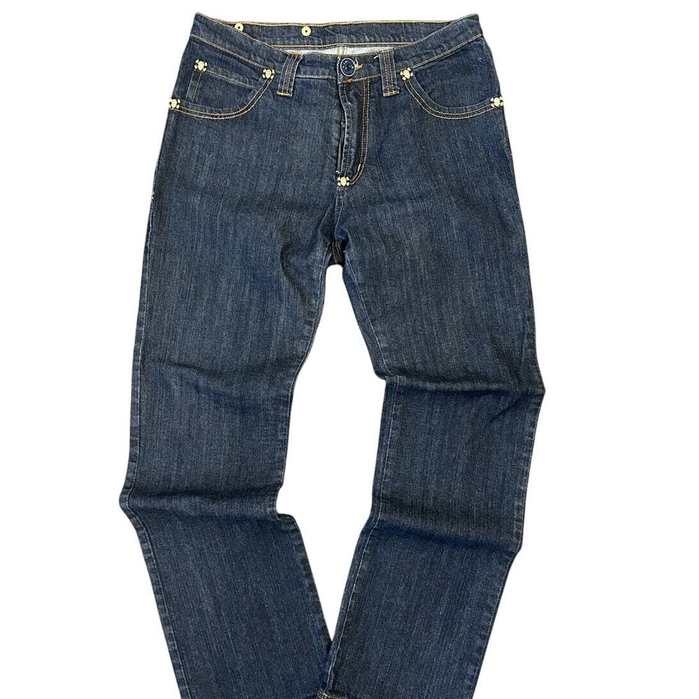 Frankie Morello Indigo Contrast Stitch Gold Skull Stud Denim Jeans