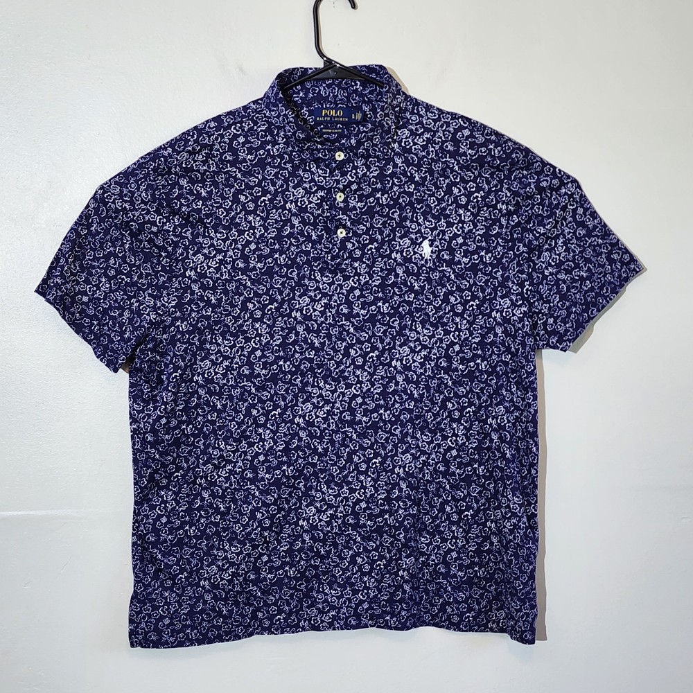 Polo Ralph Lauren Polo Shirt Mens XL Blue Floral Slim Custom Fit Short Sleeve