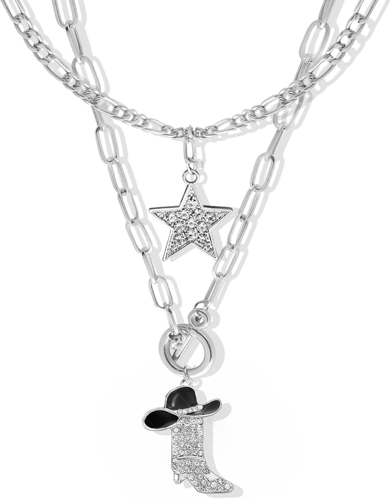 2 Pcs Sparkly Rhinestone Star Choker Western Cowgirl Boot Pendant Stackable Neck