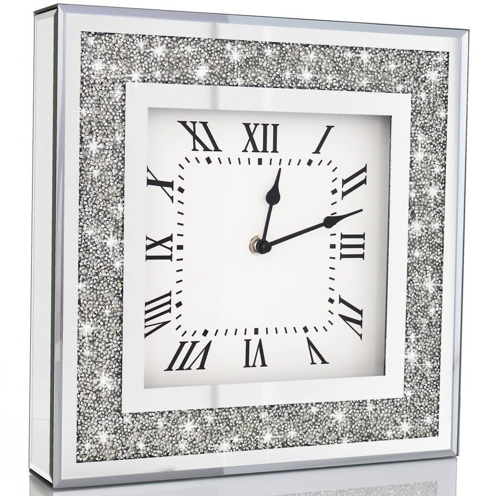 Crystal Crush Diamond Mirrored Square Wall Clock with Sparkle Twinkle Bling D...