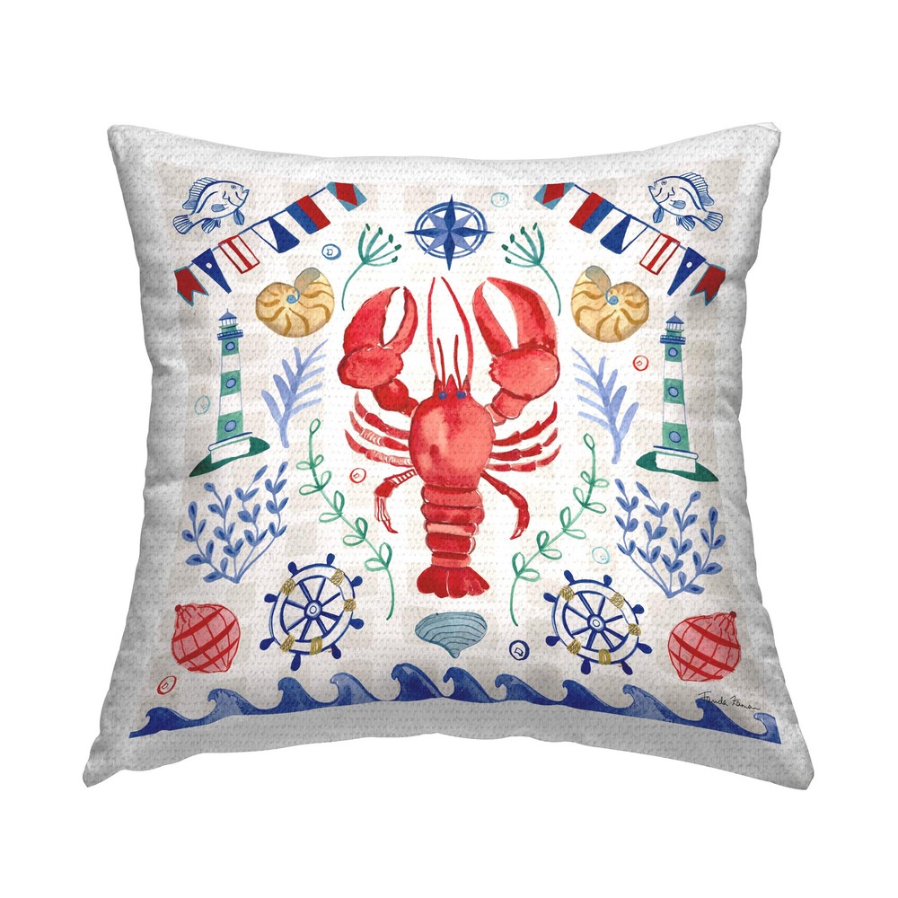 Nautical Lobster Beach Wave Outdoor Printed Pillow 18x18 Multi-Color Design