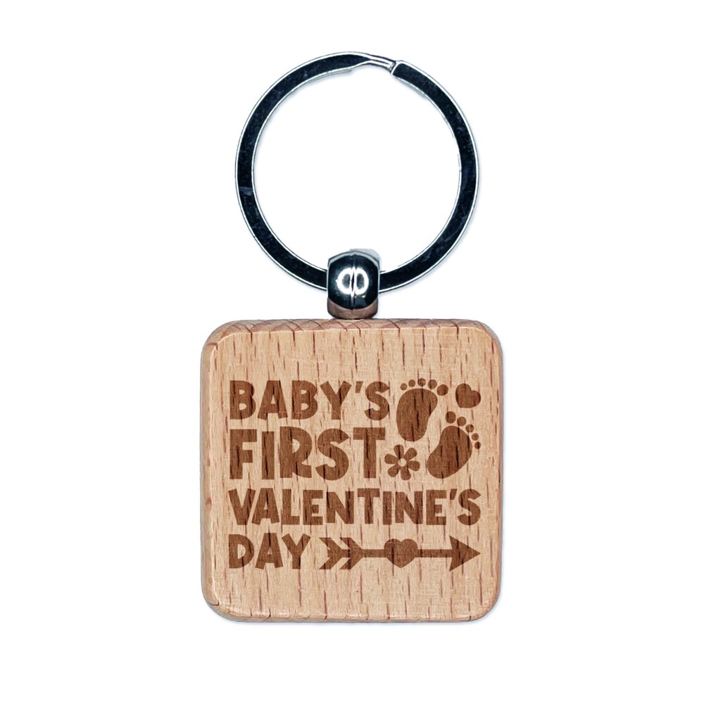Baby's First Valentine's Day Engraved Wood Square Keychain Tag Charm