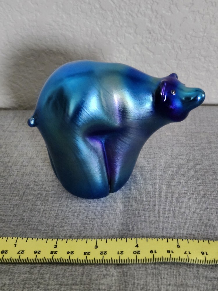 ORIENT & FLUME Iridescent Blue Polar Bear Glass Figurine Paperweight Art