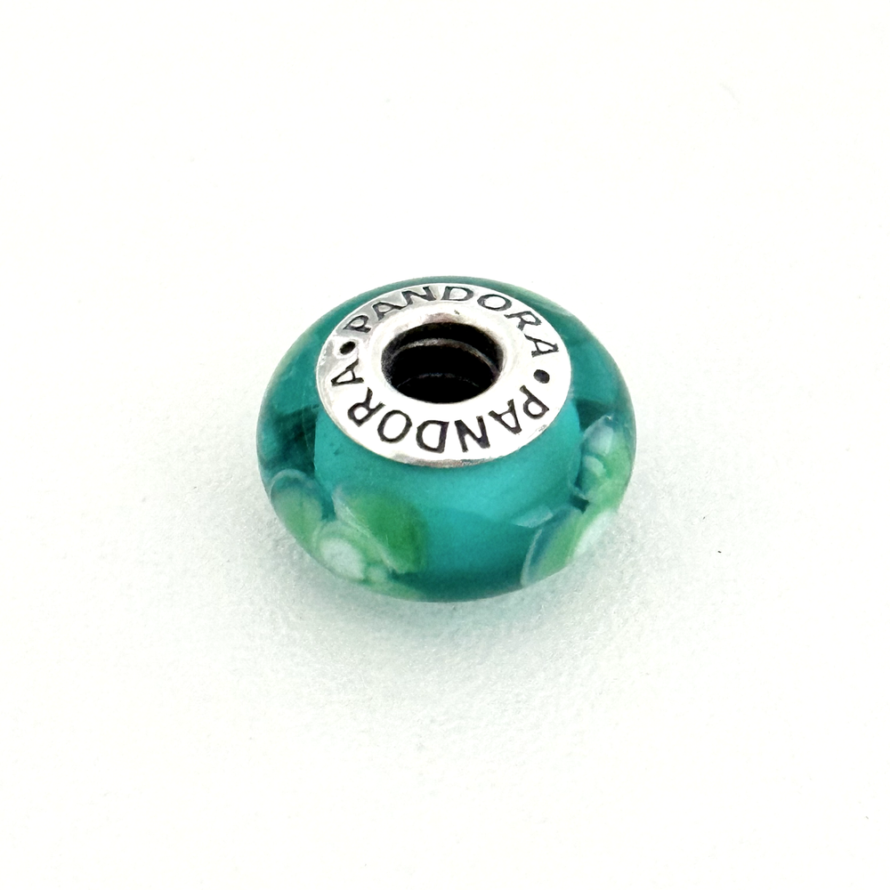 Pandora Sterling Silver Green Teal Murano Glass Flower Bead Charm