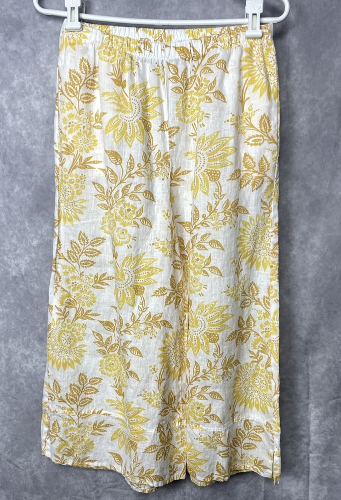 Flax Womens Size P Floral Capri Pants Linen Wide Leg Oversized Yellow White