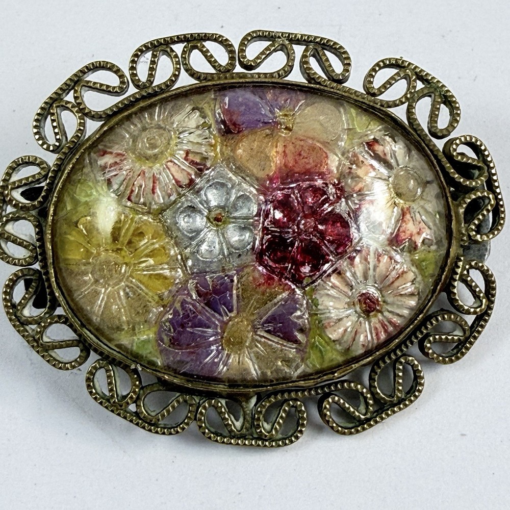Vintage Reversed Hand Painted Goofus Glass Filigree Brooch READ TEXT