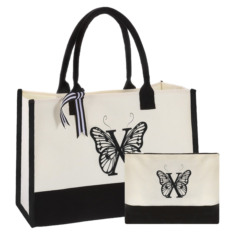 Initial X Canvas Tote Bag with Makeup Bag, Reusable Beach Tote Bag