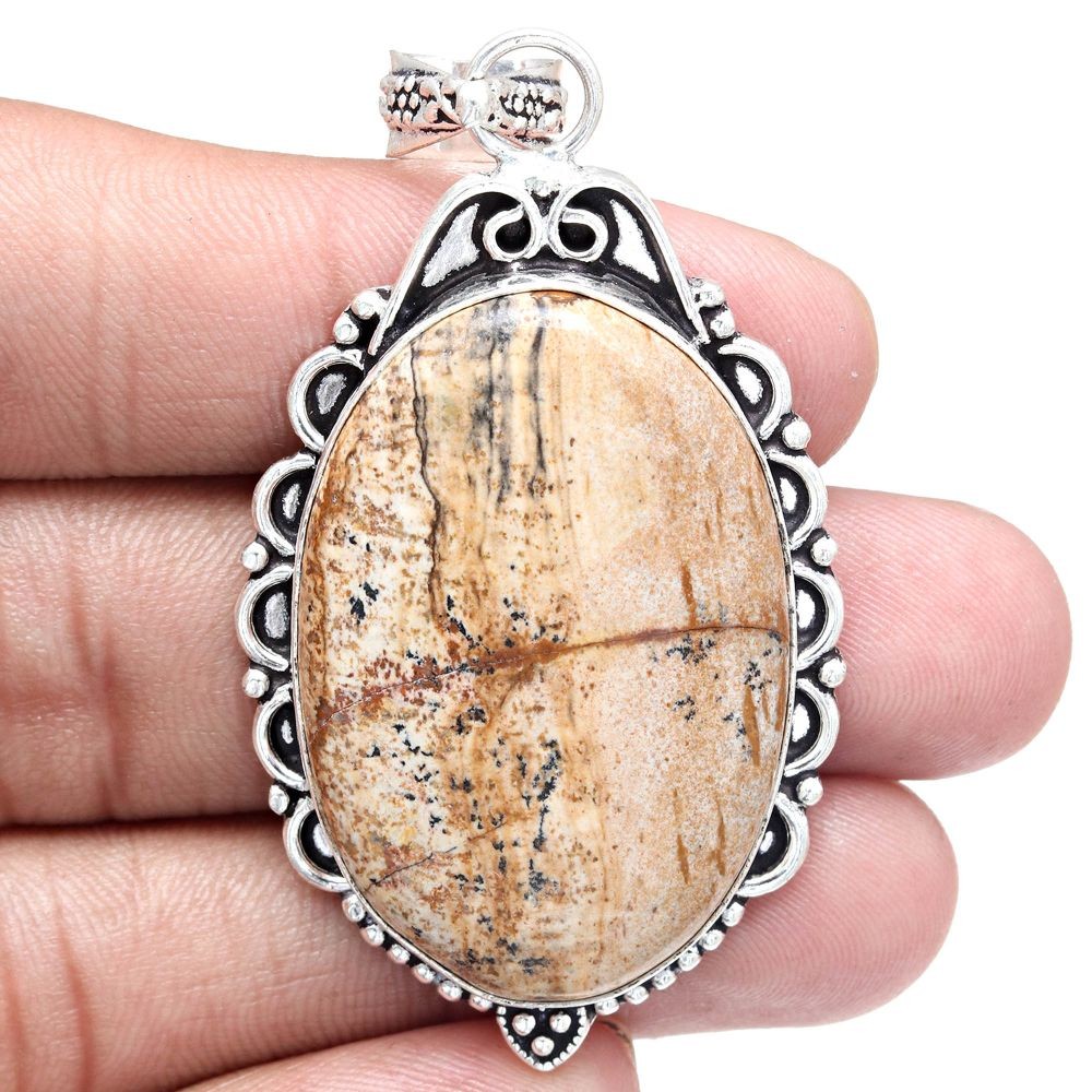 Handmade Picture Jasper Pendant in Silver for Mother's Day 2.5 Inch