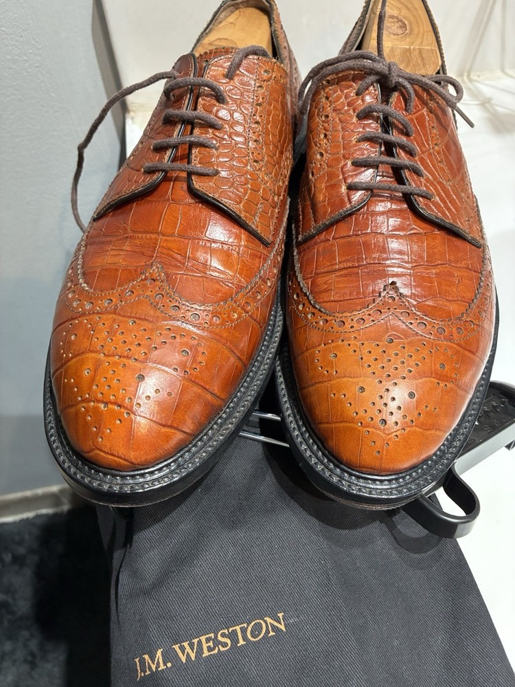 JM Weston Croc Embossed Leader Burgundy box calf wingtip Oxford Size 10 US/9 UK