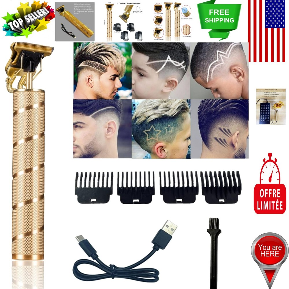 Ergonomic Gold Hair Clipper – Low Noise Rechargeable Trimmer for Beard & Head Styling  