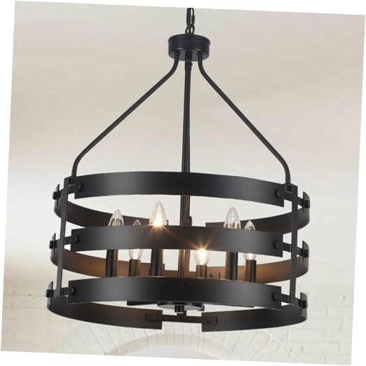 Black Drum Chandelier, 6-Light Farmhouse Round Light Fixtures Over Table