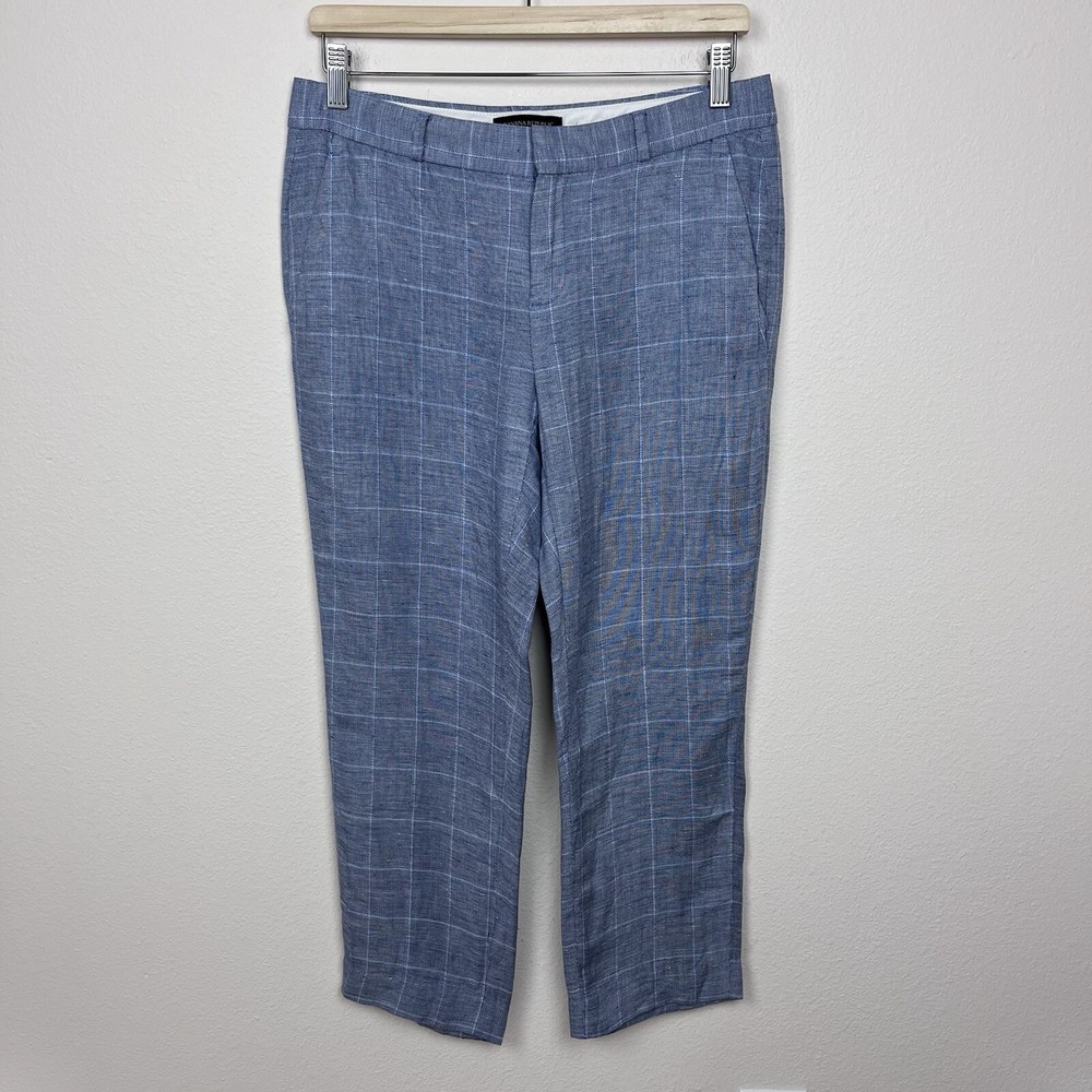 Banana Republic Pants Women Petite Four Avery Linen Blend Grid Plaid Office Blue