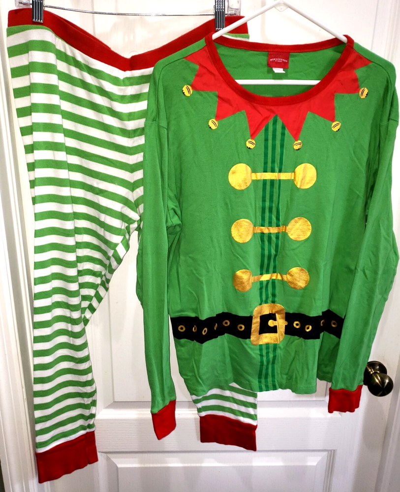 2 pc CHRISTMAS ELF PAJAMAS size XL green white stripes SET SLEEPWEAR MEN WOMEN