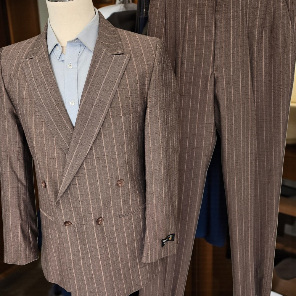 Vintage Nwt 1970s Double Breasted Suit 44r 37xunfinshed Polyester Peak Lapel